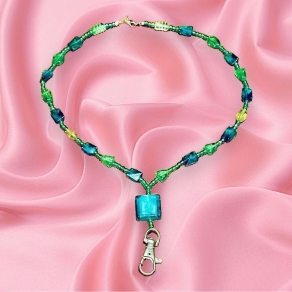 HANDMADE FASHION LANYARD • TURQUOISE, GREEN AND BLUE • BEADED NECKLACE - Picture 1 of 12